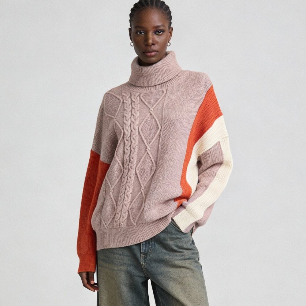 Color Block Chunky Knit Oversized Turtleneck Sweater Sz L